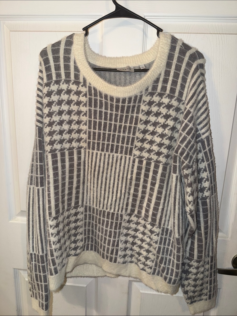 Cyrus Cream and Gray Patchwork Crewneck Sweater